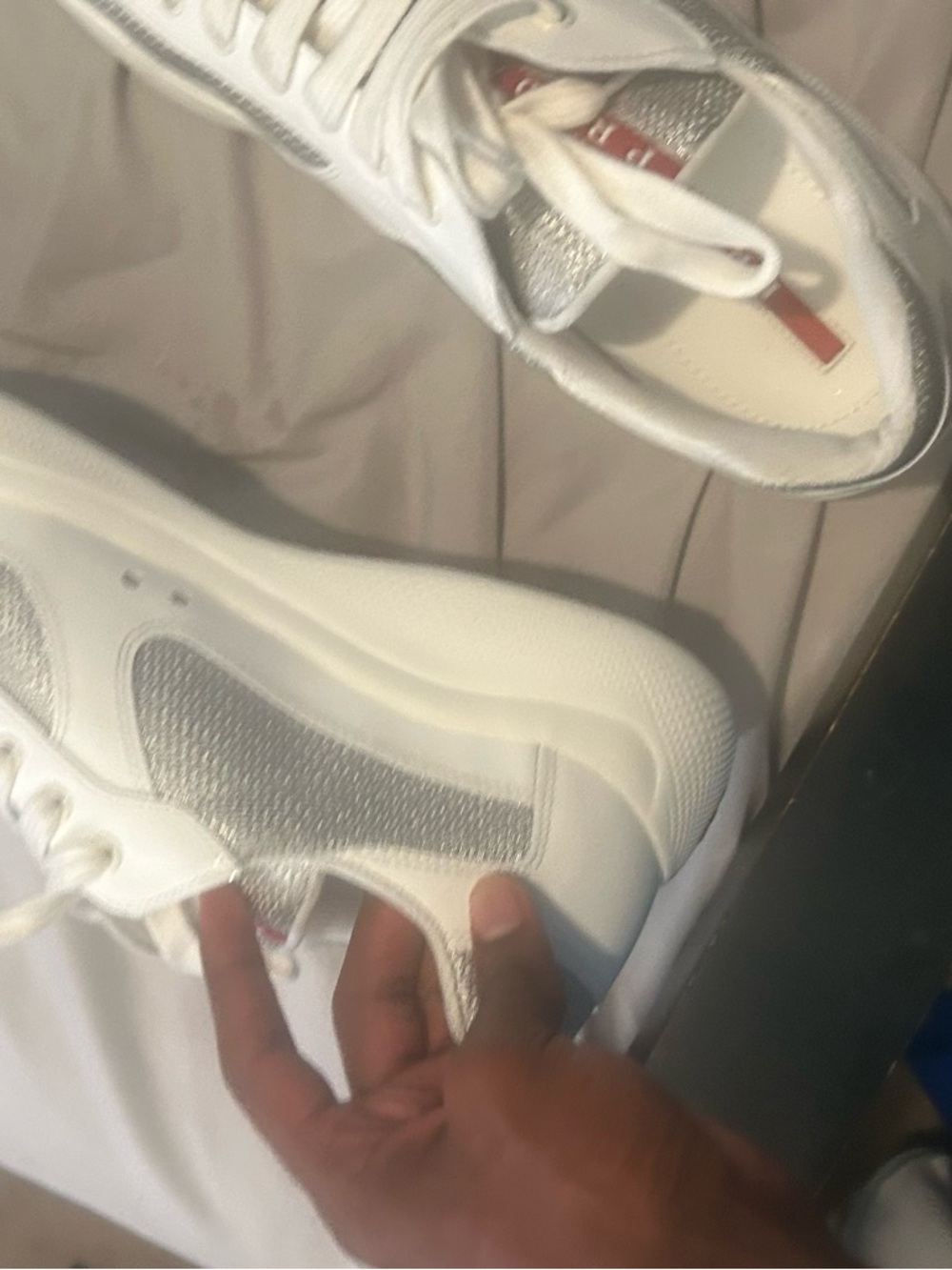Prada White Slip-On Sneaker with Silver Mesh and Red Logo - Picture 10 of 14